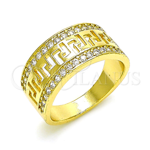 Oro Laminado Multi Stone Ring, Gold Filled Style Greek Key Design, with White Cubic Zirconia, Polished, Golden Finish, 01.210.0114.09 (Size 9)