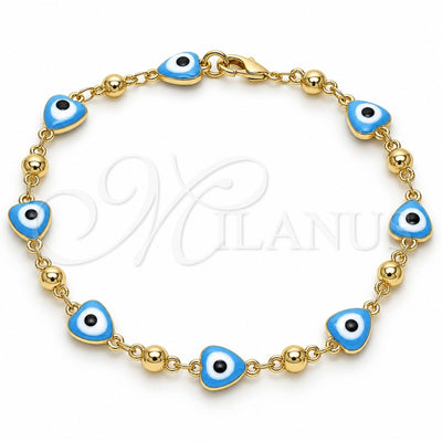 Oro Laminado Fancy Bracelet, Gold Filled Style Evil Eye and Heart Design, Turquoise Enamel Finish, Golden Finish, 03.213.0037.4.08 (08 MM Thickness, 8 Inches Length)