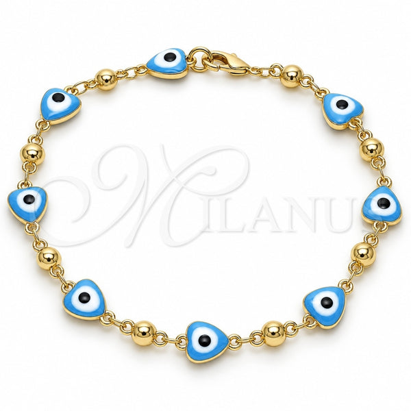 Oro Laminado Fancy Bracelet, Gold Filled Style Evil Eye and Heart Design, Turquoise Enamel Finish, Golden Finish, 03.213.0037.4.08 (08 MM Thickness, 8 Inches Length)
