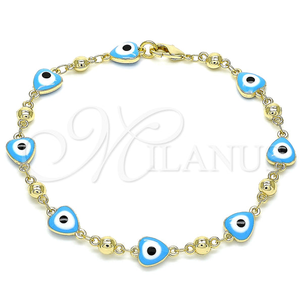 Oro Laminado Fancy Bracelet, Gold Filled Style Evil Eye and Heart Design, Turquoise Enamel Finish, Golden Finish, 03.213.0037.4.08 (08 MM Thickness, 8 Inches Length)