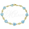 Oro Laminado Fancy Bracelet, Gold Filled Style Evil Eye and Heart Design, Turquoise Enamel Finish, Golden Finish, 03.213.0037.4.08 (08 MM Thickness, 8 Inches Length)