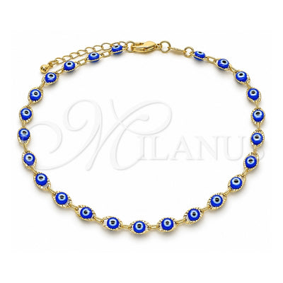 Oro Laminado Fancy Anklet, Gold Filled Style Evil Eye Design, Blue Resin Finish, Golden Finish, 03.63.2212.2.10 (05 MM Thickness, 10 Inches Length)