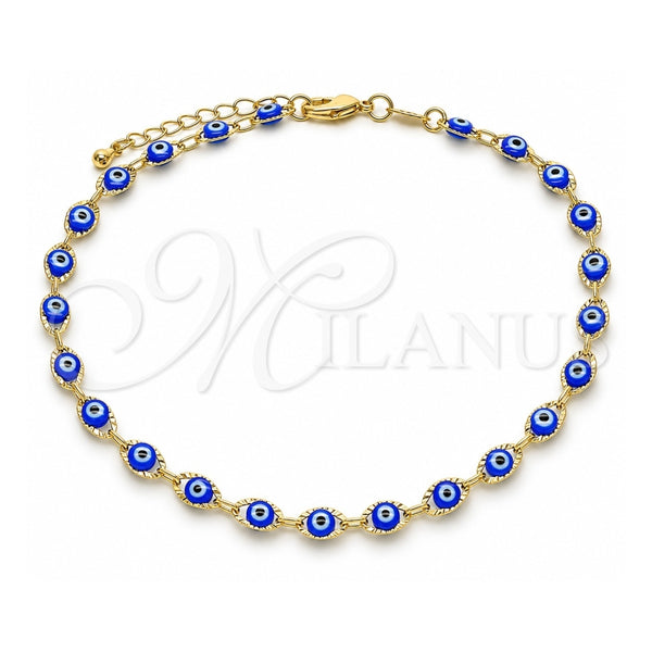 Oro Laminado Fancy Anklet, Gold Filled Style Evil Eye Design, Blue Resin Finish, Golden Finish, 03.63.2212.2.10 (05 MM Thickness, 10 Inches Length)