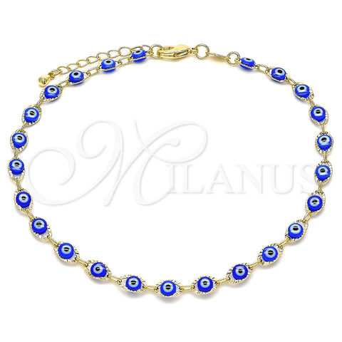 Oro Laminado Fancy Anklet, Gold Filled Style Evil Eye Design, Blue Resin Finish, Golden Finish, 03.63.2212.2.10 (05 MM Thickness, 10 Inches Length)
