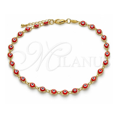 Oro Laminado Fancy Anklet, Gold Filled Style Evil Eye Design, Red Resin Finish, Golden Finish, 03.63.2212.3.10 (Thickness, 10 Inches Length)