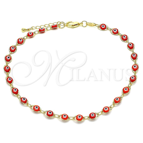 Oro Laminado Fancy Anklet, Gold Filled Style Evil Eye Design, Red Resin Finish, Golden Finish, 03.63.2212.3.10 (Thickness, 10 Inches Length)