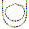 Oro Laminado Necklace and Bracelet, Gold Filled Style Evil Eye Design, Multicolor Resin Finish, Golden Finish, 06.63.0255.1