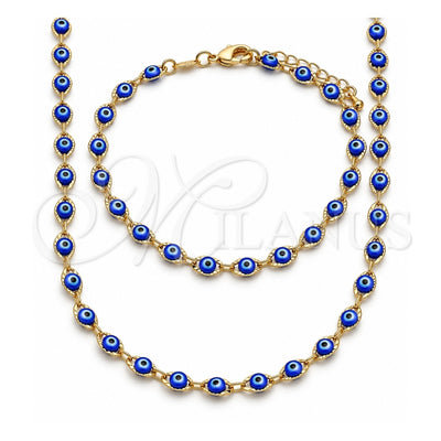 Oro Laminado Necklace and Bracelet, Gold Filled Style Evil Eye Design, Blue Resin Finish, Golden Finish, 06.63.0255.2