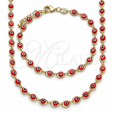 Oro Laminado Necklace and Bracelet, Gold Filled Style Evil Eye Design, Red Resin Finish, Golden Finish, 06.63.0255.3