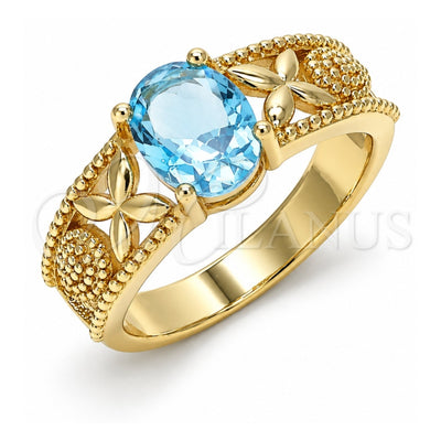 Oro Laminado Multi Stone Ring, Gold Filled Style Butterfly and Teardrop Design, with Blue Topaz Cubic Zirconia, Polished, Golden Finish, 01.284.0041.06 (Size 6)