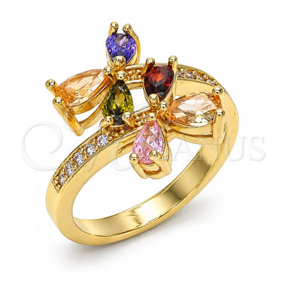 Oro Laminado Multi Stone Ring, Gold Filled Style Teardrop Design, with Multicolor Cubic Zirconia, Polished, Golden Finish, 01.221.0004.09 (Size 9)