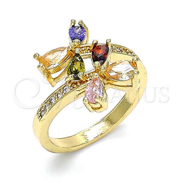 Oro Laminado Multi Stone Ring, Gold Filled Style Teardrop Design, with Multicolor Cubic Zirconia, Polished, Golden Finish, 01.221.0004.09 (Size 9)
