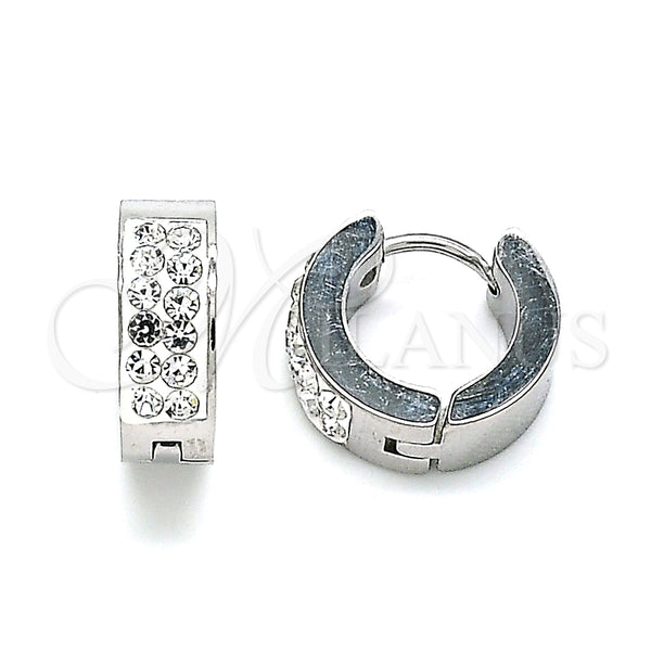 Stainless Steel Hoop Earrings — Huggie Hoop with White Crystal Polished 02. — main product view — SKU 142460 | Acero Inoxidable aretes de aro — Huggie Hoop with cristal blanco pulido 02. — SKU 142460