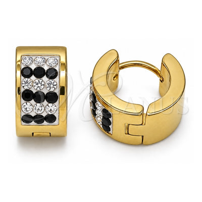 Stainless Steel Huggie Hoop, with Black and White Crystal, Polished, Golden Finish, 02.384.0032.1.12