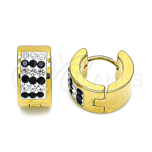 Stainless Steel Hoop Earrings — Huggie Hoop with Black and White Crystal Polished — main product view — SKU 142474 | Acero Inoxidable aretes de aro — Huggie Hoop with negro and cristal blanco pulido — SKU 142474