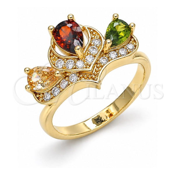 Oro Laminado Multi Stone Ring, Gold Filled Style Teardrop Design, with Multicolor Cubic Zirconia, Polished, Golden Finish, 01.221.0007.1.09 (Size 9)