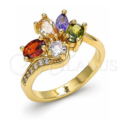 Oro Laminado Multi Stone Ring, Gold Filled Style Teardrop Design, with Multicolor Cubic Zirconia, Polished, Golden Finish, 01.221.0008.1.09 (Size 9)