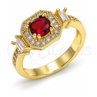 Oro Laminado Multi Stone Ring, Gold Filled Style Baguette Design, with Garnet and White Cubic Zirconia, Polished, Golden Finish, 01.221.0013.09 (Size 9)