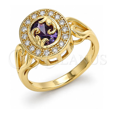 Oro Laminado Multi Stone Ring, Gold Filled Style with Amethyst and White Cubic Zirconia, Polished, Golden Finish, 01.210.0120.06 (Size 6)