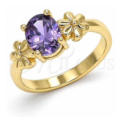 Oro Laminado Multi Stone Ring, Gold Filled Style Flower Design, with Amethyst Cubic Zirconia, Polished, Golden Finish, 01.210.0121.08 (Size 8)