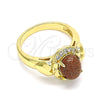 Oro Laminado Multi Stone Ring, Gold Filled Style Heart and Bow Design, with Brown Goldstone Venturina and White Cubic Zirconia, Polished, Golden Finish, 01.210.0132.06 (Size 6)