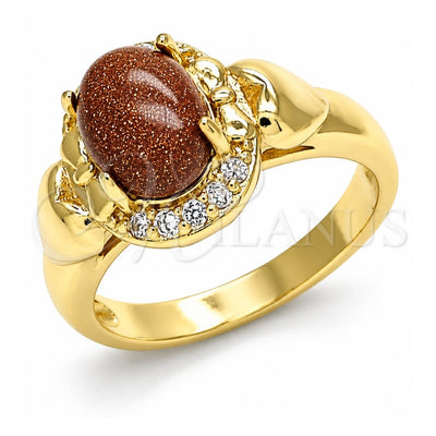 Oro Laminado Multi Stone Ring, Gold Filled Style Heart and Bow Design, with Brown Goldstone Venturina and White Cubic Zirconia, Polished, Golden Finish, 01.210.0132.06 (Size 6)