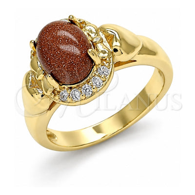 Oro Laminado Multi Stone Ring, Gold Filled Style Heart and Bow Design, with Brown Goldstone Venturina and White Cubic Zirconia, Polished, Golden Finish, 01.210.0132.07 (Size 7)