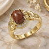 Oro Laminado Multi Stone Ring, Gold Filled Style Heart and Bow Design, with Brown Goldstone Venturina and White Cubic Zirconia, Polished, Golden Finish, 01.210.0132.08 (Size 8)