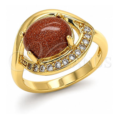 Oro Laminado Multi Stone Ring, Gold Filled Style Evil Eye Design, with Brown Goldstone Venturina and White Cubic Zirconia, Polished, Golden Finish, 01.210.0133.06 (Size 6)