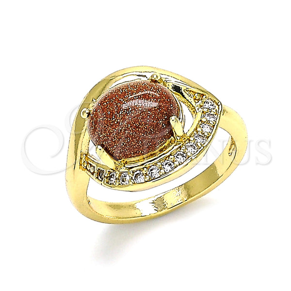 Oro Laminado Multi Stone Ring, Gold Filled Style Evil Eye Design, with Brown Goldstone Venturina and White Cubic Zirconia, Polished, Golden Finish, 01.210.0133.08 (Size 8)