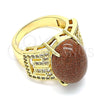 Oro Laminado Multi Stone Ring, Gold Filled Style Greek Key Design, with Brown Goldstone Venturina and White Cubic Zirconia, Polished, Golden Finish, 01.210.0134.06 (Size 6)