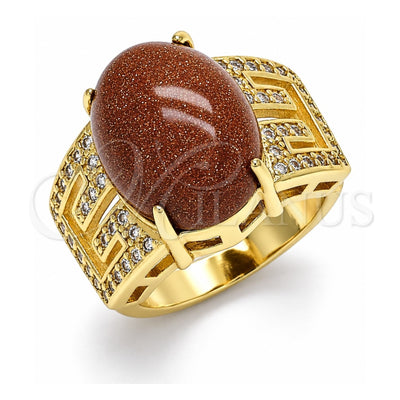 Oro Laminado Multi Stone Ring, Gold Filled Style Greek Key Design, with Brown Goldstone Venturina and White Cubic Zirconia, Polished, Golden Finish, 01.210.0134.06 (Size 6)