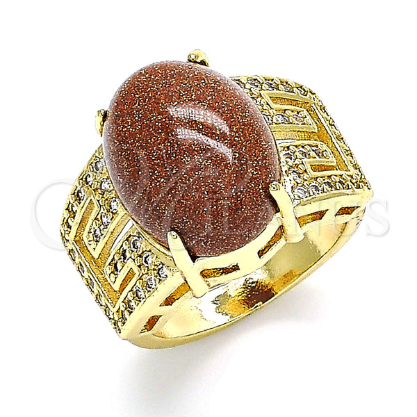 Gold Filled Ring — Multi Stone Ring Greek Key Design with Brown — main product view — SKU 142689 | Oro Laminado anillo — Multi Stone Ring Greek Key diseño with Brown — SKU 142689