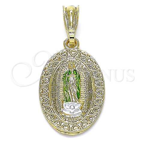 Oro Laminado Religious Pendant, Gold Filled Style Guadalupe and Heart Design, Polished, Tricolor, 05.351.0171