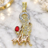 Oro Laminado Religious Pendant, Gold Filled Style San Lazaro Design, with Garnet and White Crystal, Polished, Tricolor, 05.351.0173