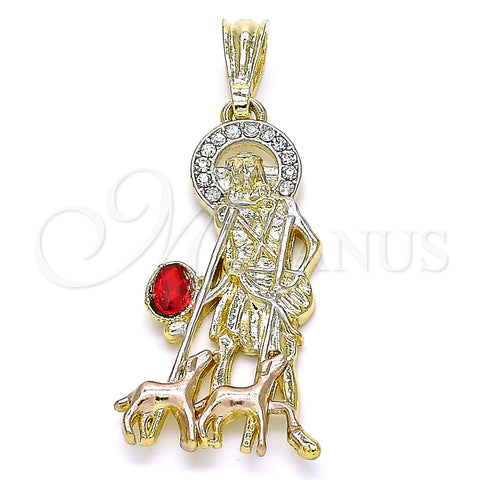 Oro Laminado Religious Pendant, Gold Filled Style San Lazaro Design, with Garnet and White Crystal, Polished, Tricolor, 05.351.0173