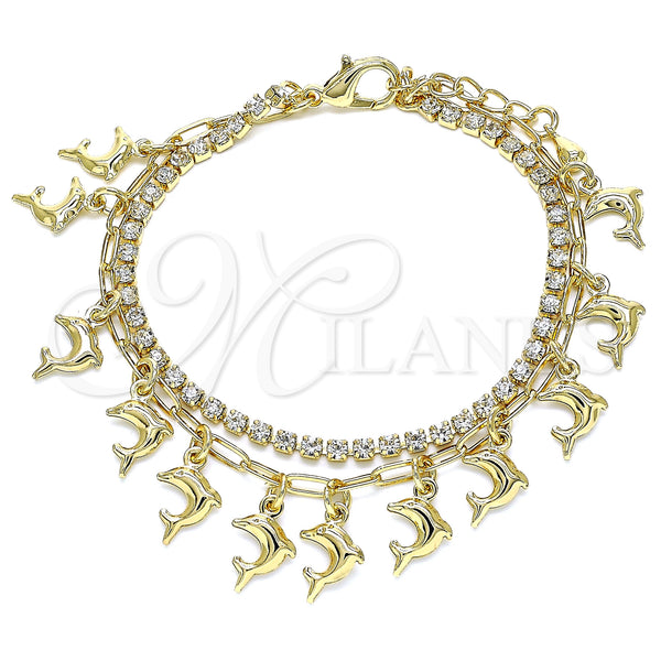 Gold Filled Bracelet — Charm Bracelet Dolphin and Paperclip Design with White — main product view — SKU 142717 | Oro Laminado brazalete — Charm Bracelet Dolphin and Paperclip diseño with blanco — SKU 142717