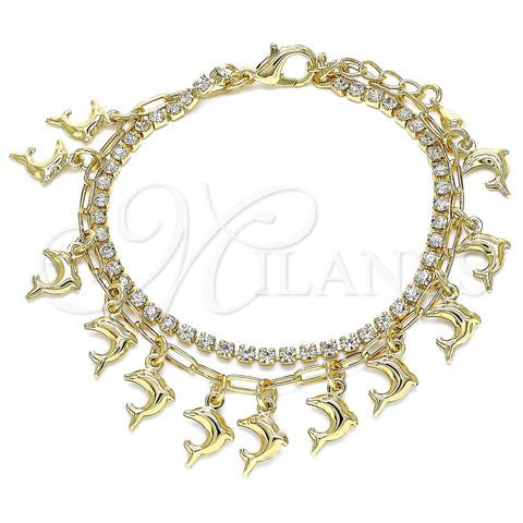 Oro Laminado Charm Bracelet, Gold Filled Style Dolphin and Paperclip Design, with White Crystal, Polished, Golden Finish, 03.372.0007.08 (03 MM Thickness, 8 Inches Length)
