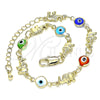 Oro Laminado Fancy Bracelet, Gold Filled Style Elephant and Evil Eye Design, Multicolor Resin Finish, Golden Finish, 03.351.0128.08 (07 MM Thickness, 8 Inches Length)