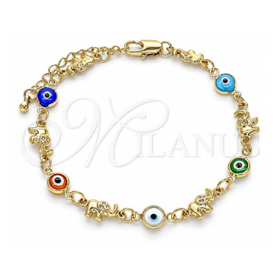 Oro Laminado Fancy Bracelet, Gold Filled Style Elephant and Evil Eye Design, Multicolor Resin Finish, Golden Finish, 03.351.0128.08 (07 MM Thickness, 8 Inches Length)