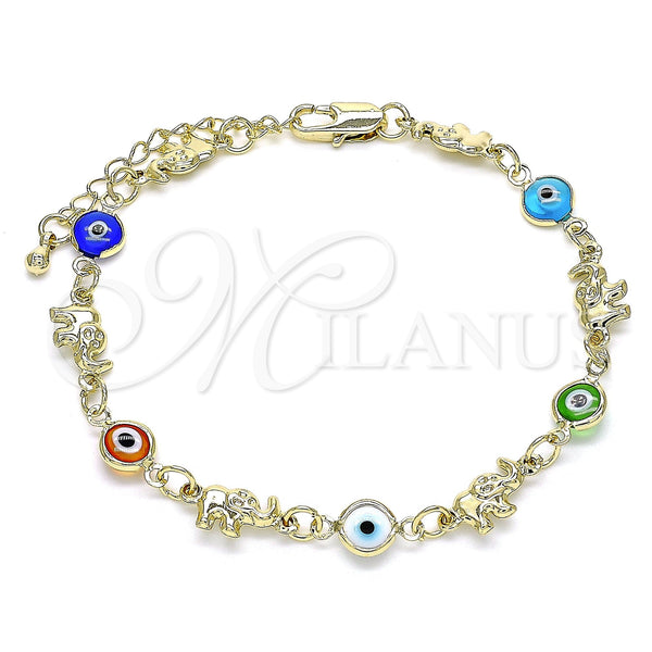 Gold Filled Bracelet — Fancy Bracelet Elephant and Evil Eye Design Multicolor — main product view — SKU 142718 | Oro Laminado brazalete — elegante Bracelet Elephant and Evil Eye diseño Multicolor — SKU 142718