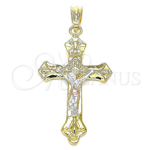 Oro Laminado Religious Pendant, Gold Filled Style Crucifix Design, Polished, Tricolor, 05.351.0184
