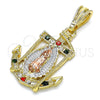 Oro Laminado Religious Pendant, Gold Filled Style Guadalupe and Anchor Design, with Multicolor Crystal, Polished, Tricolor, 05.351.0056.2