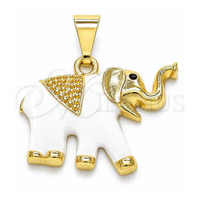 Oro Laminado Fancy Pendant, Gold Filled Style Elephant Design, White Enamel Finish, Golden Finish, 05.253.0119