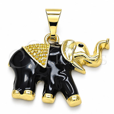 Oro Laminado Fancy Pendant, Gold Filled Style Elephant Design, Black Enamel Finish, Golden Finish, 05.253.0119.2
