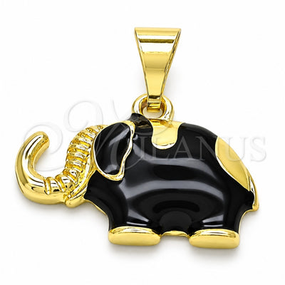 Oro Laminado Fancy Pendant, Gold Filled Style Elephant Design, Black Enamel Finish, Golden Finish, 05.253.0120