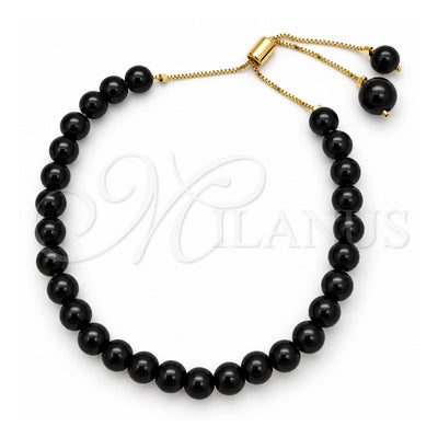 Oro Laminado Adjustable Bolo Bracelet, Gold Filled Style Ball and Box Design, with Black Azavache, Polished, Golden Finish, 03.32.0559 (06 MM Thickness, 10 Inches Length)