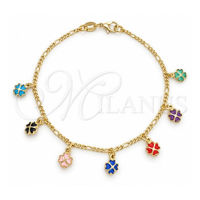 Oro Laminado Charm Bracelet, Gold Filled Style Four-leaf Clover and Heart Design, with Orange Red and Green Cubic Zirconia, Polished, Golden Finish, 03.32.0254.07 (04 MM Thickness, 7 Inches Length)