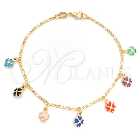 Oro Laminado Charm Bracelet, Gold Filled Style Four-leaf Clover and Heart Design, with Orange Red and Green Cubic Zirconia, Polished, Golden Finish, 03.32.0254.07 (04 MM Thickness, 7 Inches Length)