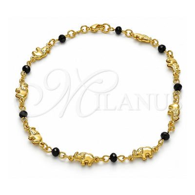 Oro Laminado Fancy Bracelet, Gold Filled Style Elephant and Ball Design, with Black Azavache, Polished, Golden Finish, 03.32.0563.07 (04 MM Thickness, 7 Inches Length)